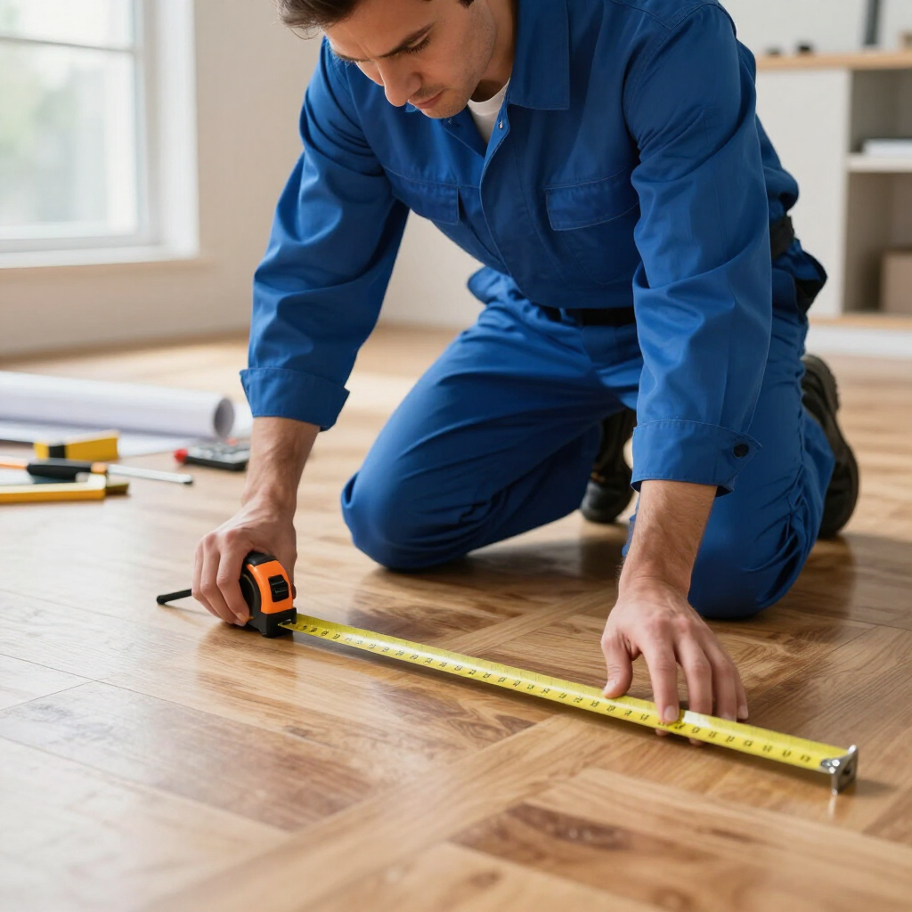 Worker in blue coveralls measuring a wood floor with a tape measure.