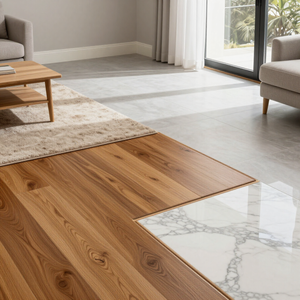 Modern living room with mixed wood, tile, and marble flooring near a sliding glass door
