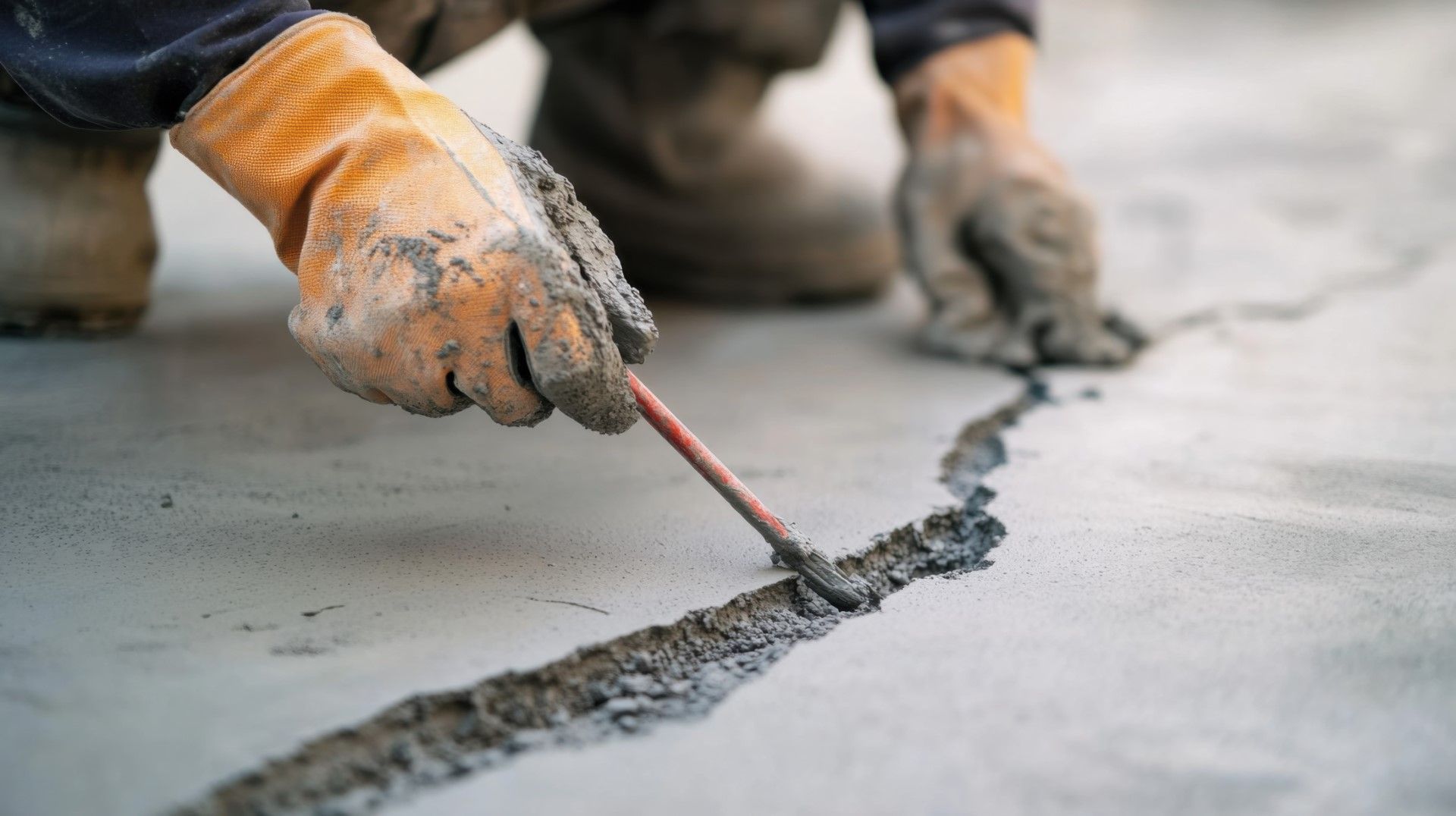 A worker sealing a crack in a concrete driveway.