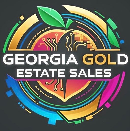 Logo for Georgia Gold Estate Sales: circular design with a peach and circuit board elements.