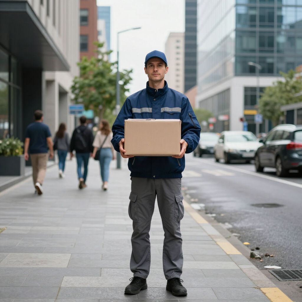 Ein Lieferant hält ein Paket auf einem Bürgersteig in der Stadt. Er trägt eine blaue Jacke, eine Mütze und eine graue Hose.