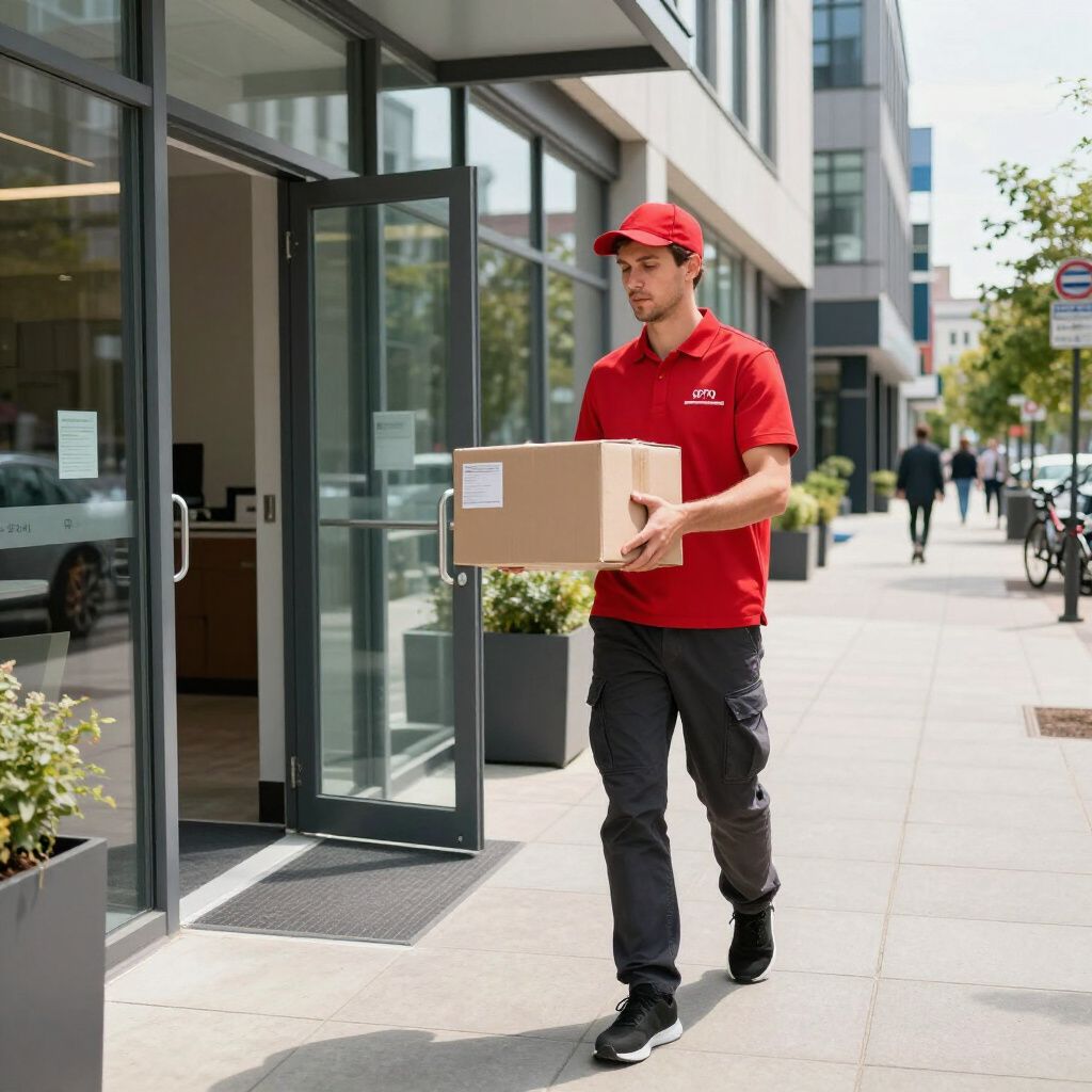 Ein Lieferant in roter Uniform trägt ein Paket und verlässt das Gebäude auf dem Bürgersteig.