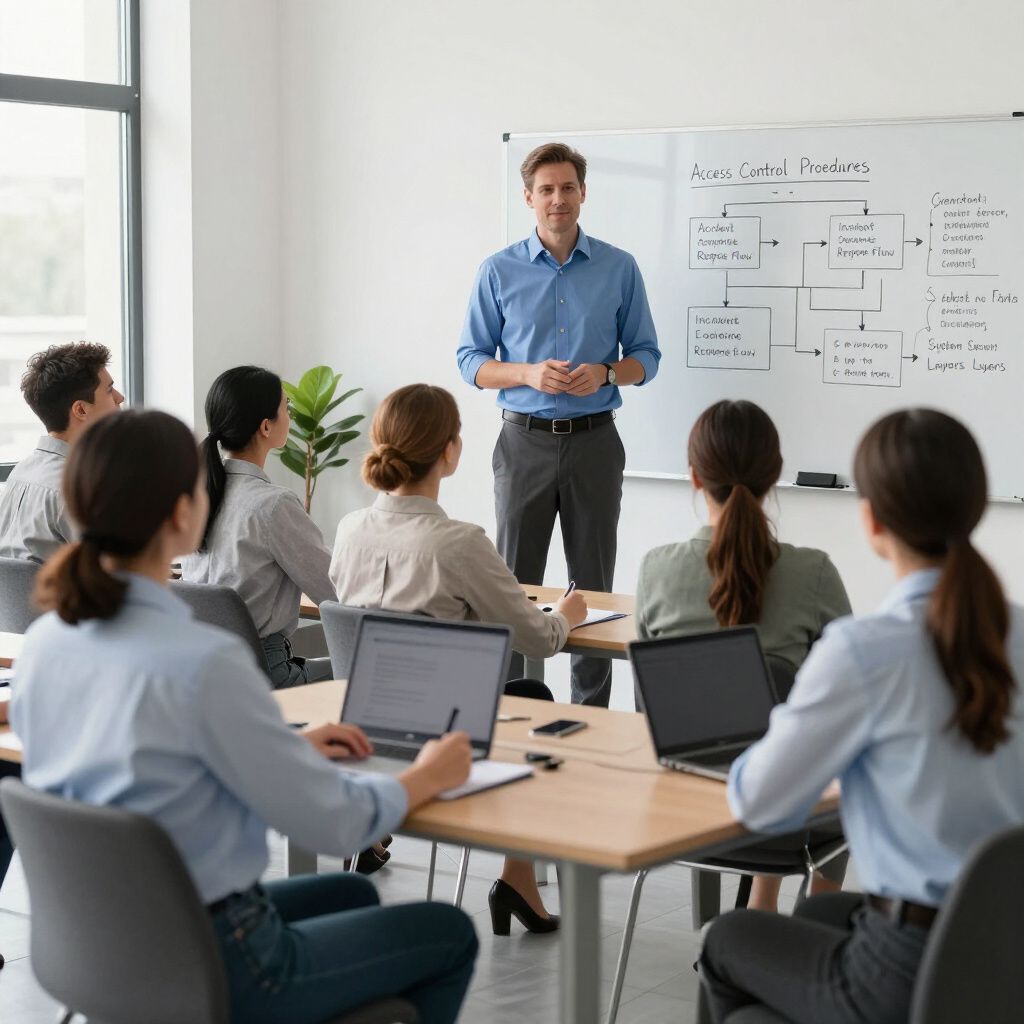 Ein Dozent hält eine Geschäftspräsentation vor einer Gruppe sitzender Schülern, im Hintergrund ist eine Tafel zu sehen.