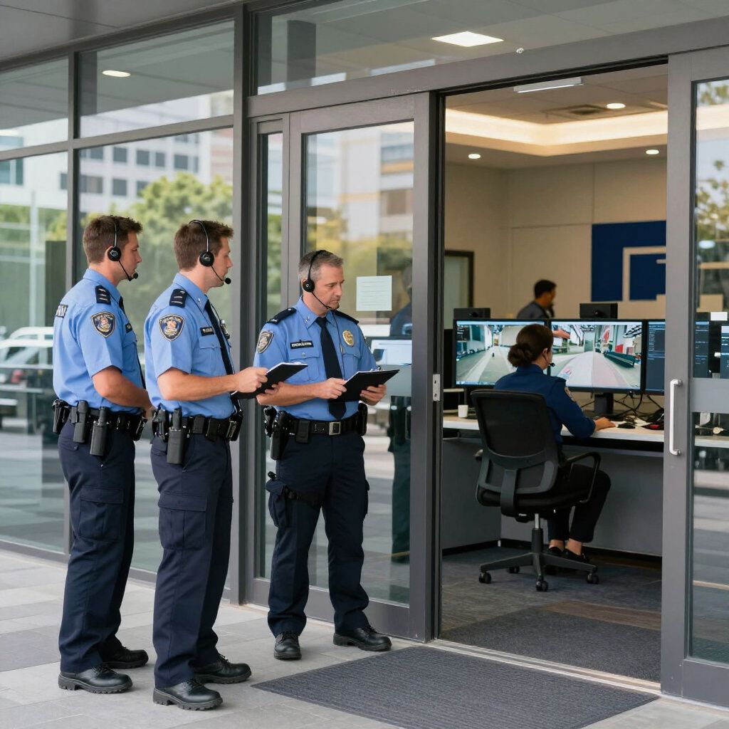 Drei Polizisten vor einem Gebäudeeingang, die in einen Sicherheitskontrollraum blicken.
