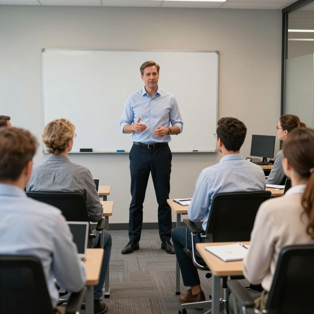 Ein Dozent spricht zu sitzenden Studenten in einem Klassenzimmer mit einer Tafel.