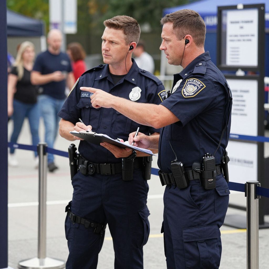 Zwei uniformierte Polizisten studieren Notizen in der Nähe einer Menschenmenge; einer zeigt mit dem Finger.