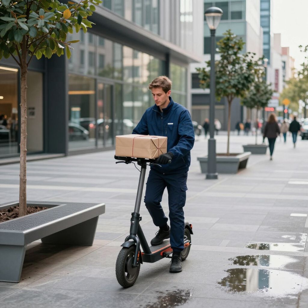 Lieferant auf einem Roller mit Paket auf einem Bürgersteig in der Stadt.