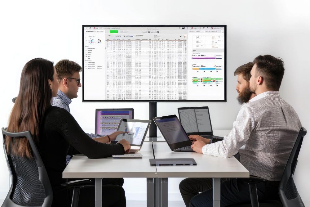 Un grupo de personas están sentadas alrededor de una mesa con computadoras portátiles y una pantalla grande.