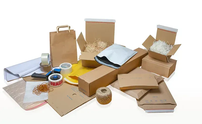 Ci sono molti tipi diversi di materiali di imballaggio su uno sfondo bianco.