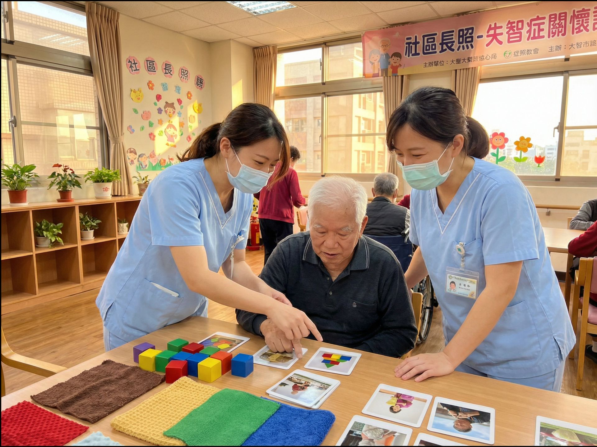 兩名護理人員正在協助一位老人進行認知治療活動，活動內容包括玩卡片和積木。