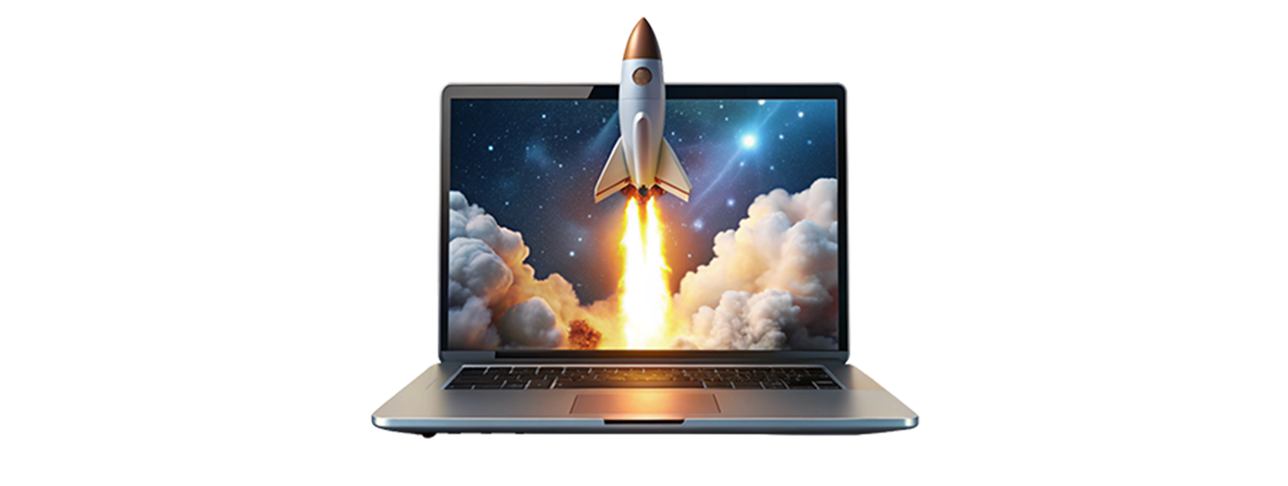 A laptop computer with a animation of rocket flying out of the screen.