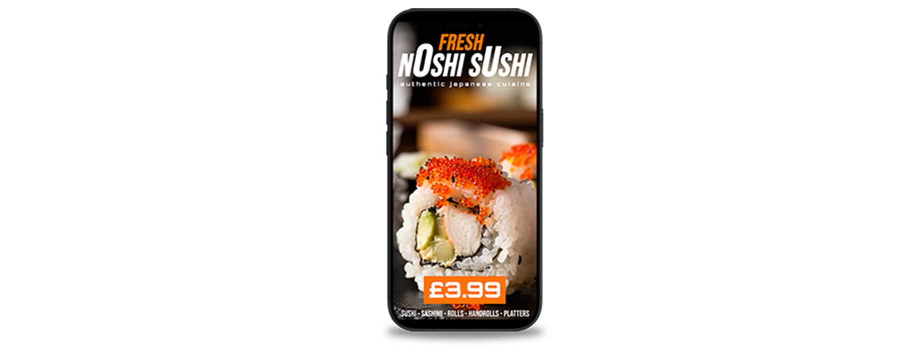 A cell phone with a Marketing and design picture of sushi on it.
