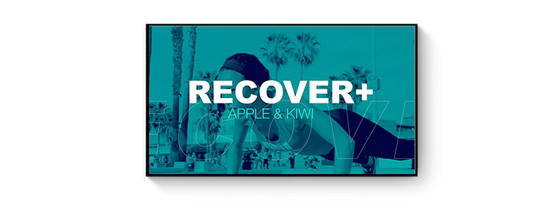 A tv screen with a digital signage picture of a person and the words `` recover + '' on it.