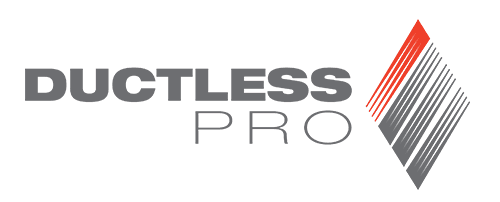 The logo for ductless pro is gray and red with a diamond in the middle.