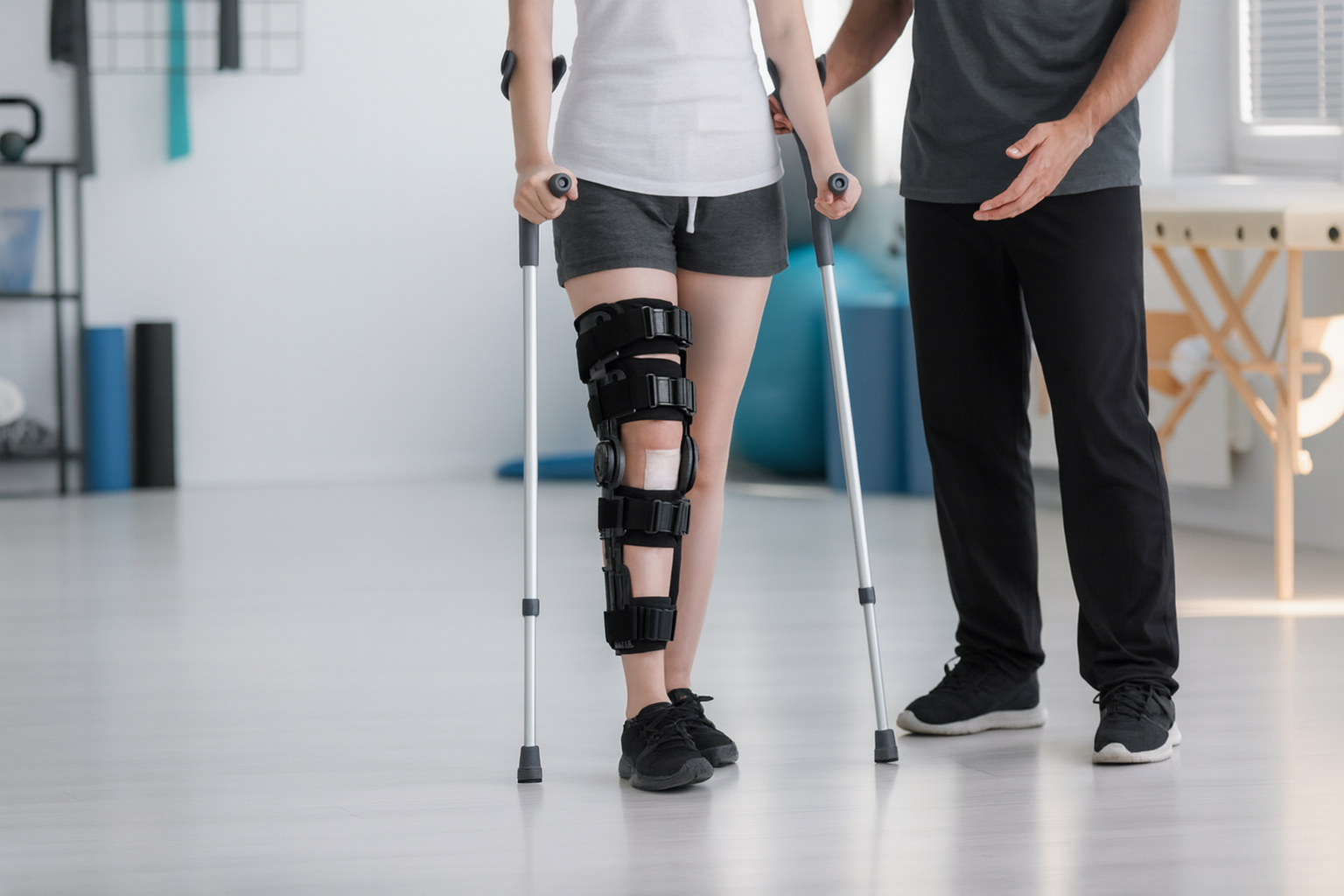 Woman with knee brace uses crutches, assisted by a man, in a rehab center.