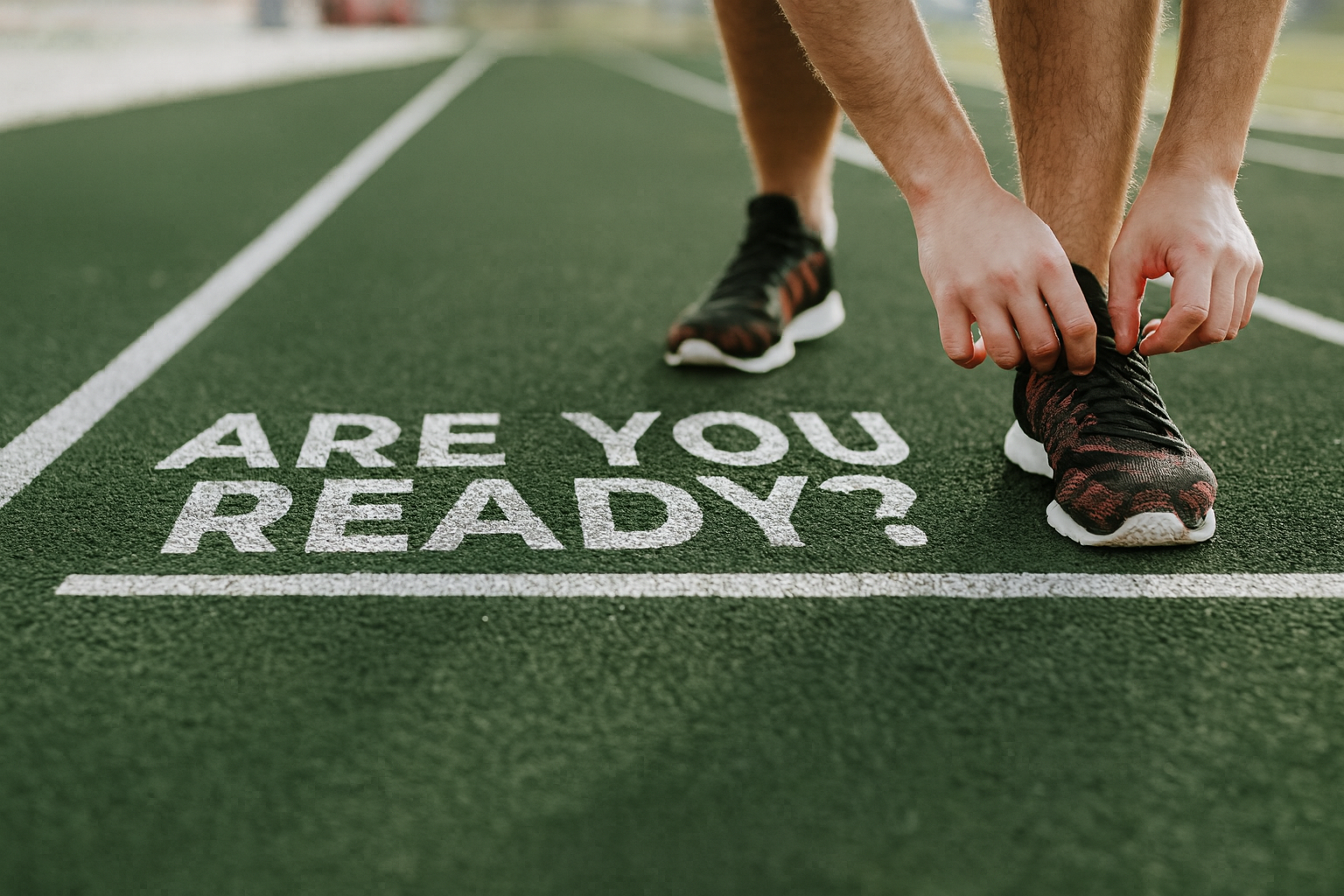 Person tying shoelaces on a running track. Text
