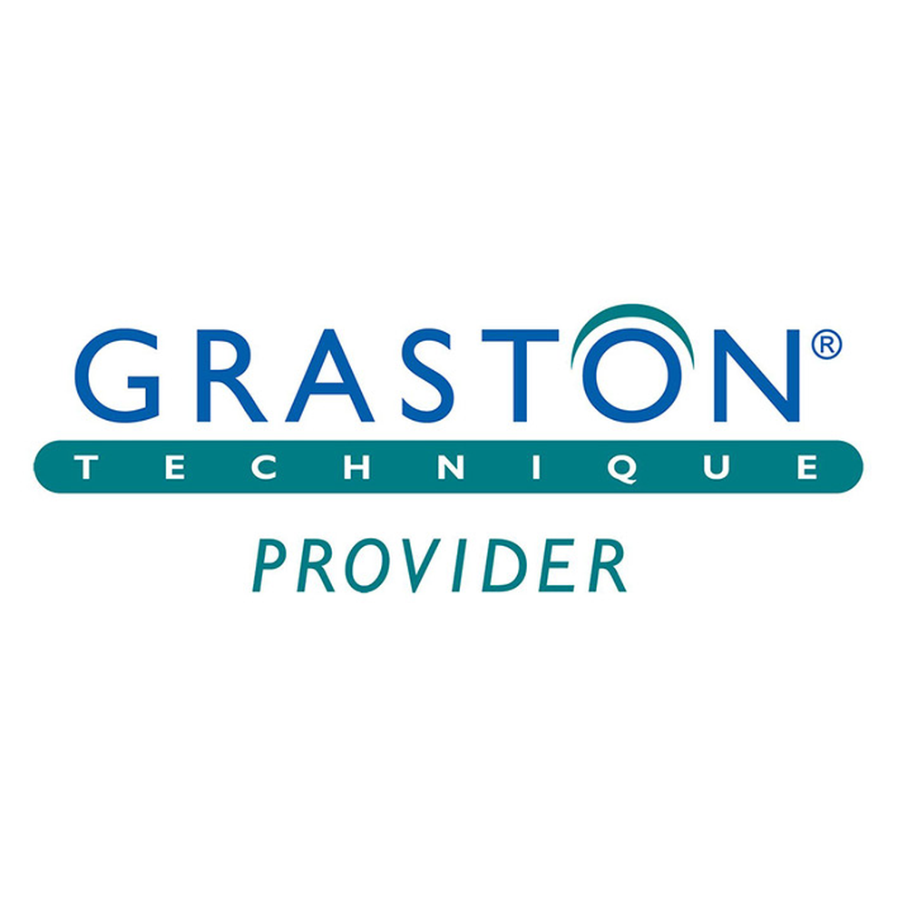 Logo for Graston Technique, featuring blue text and a teal bar,