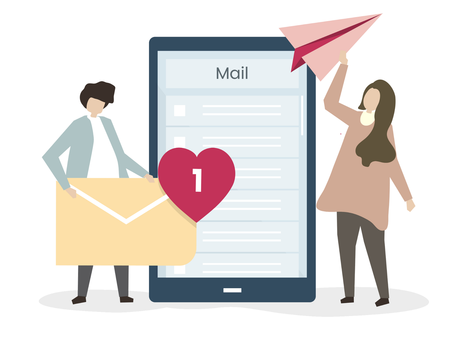 Two people sending mail via tablet: one holds an envelope, the other a paper airplane. Tablet displays a mail app with a heart icon.