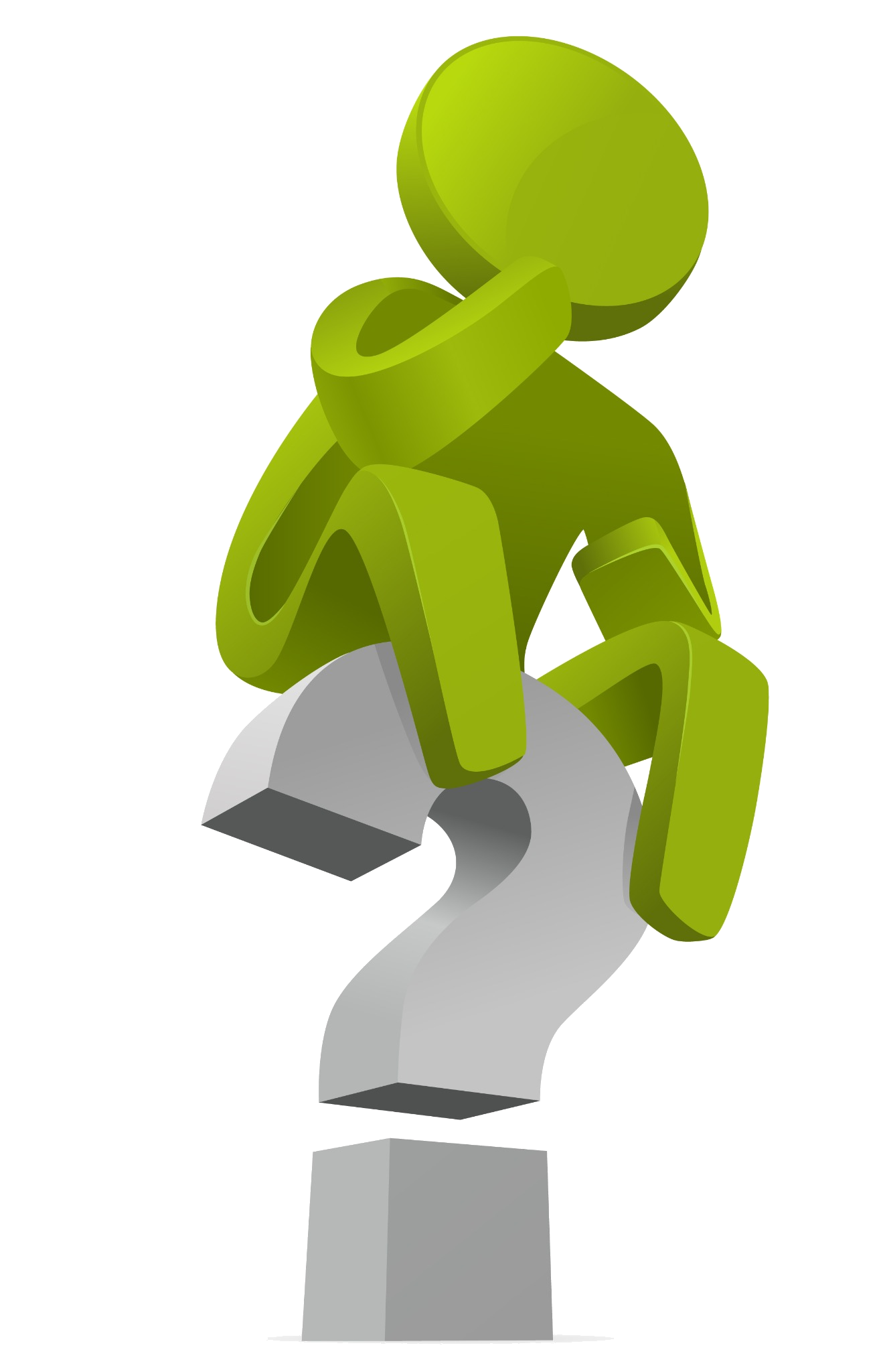 Green figure sitting on a gray question mark, chin resting on hand, deep in thought.