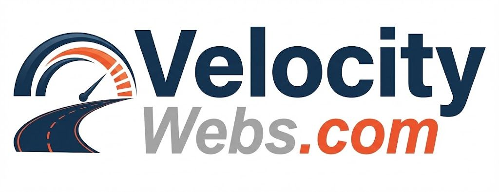 Logo for Velocity Webs, features a speedometer and road design with company name.