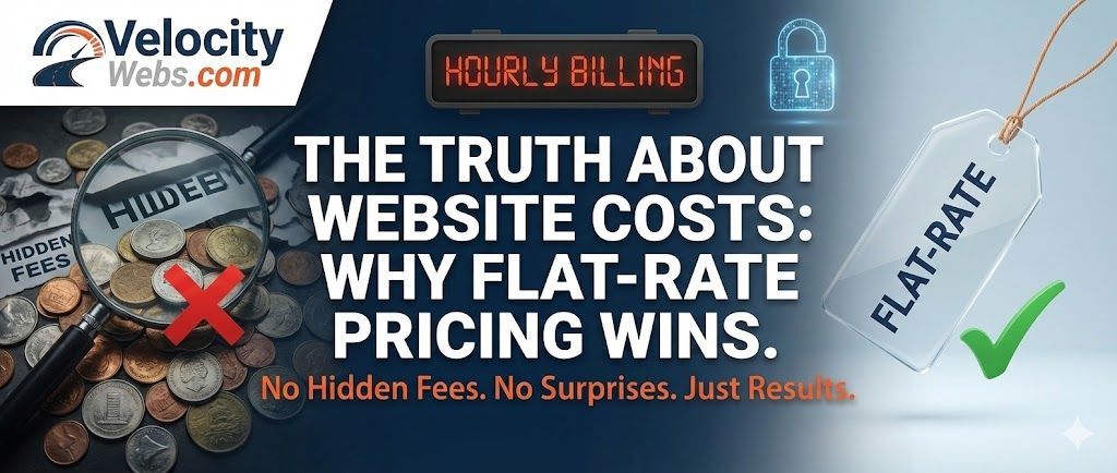Velocity Webs blog hero image for 'The Truth About Website Costs' featuring a clear price tag icon 