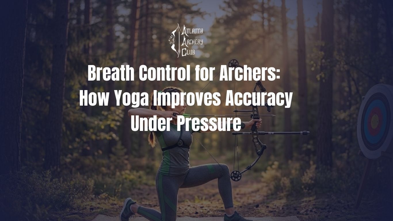 An archer kneels in a forest, aiming a compound bow at a target, with the title 