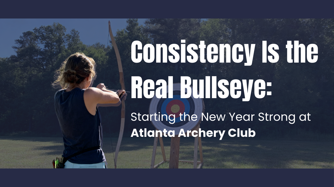 Woman aiming a bow and arrow at an archery target. Text overlay reads 