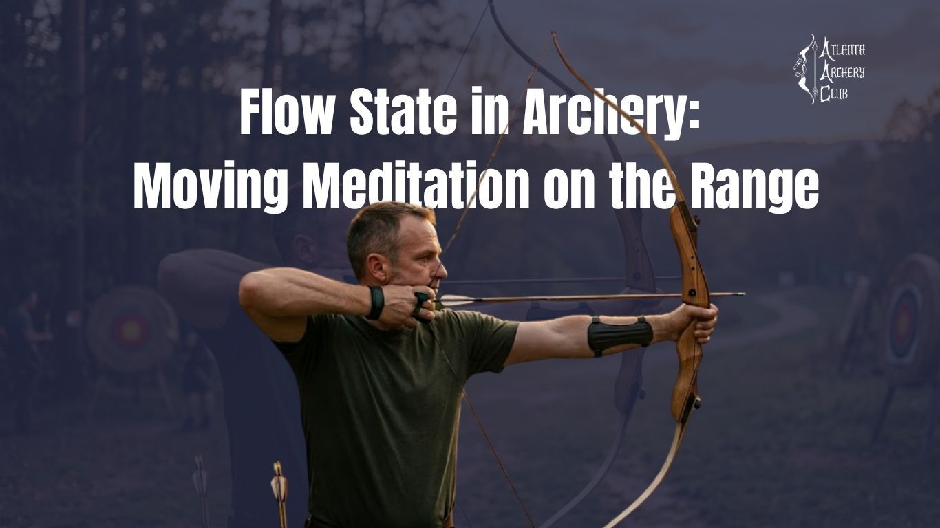 A person aims a recurve bow on an archery range under the title 