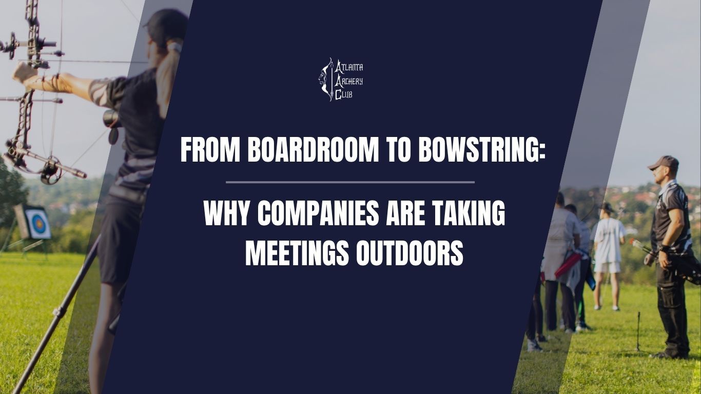 People meeting outdoors on a grassy field with tripods and cameras; text reads “From boardroom to bowstring”
