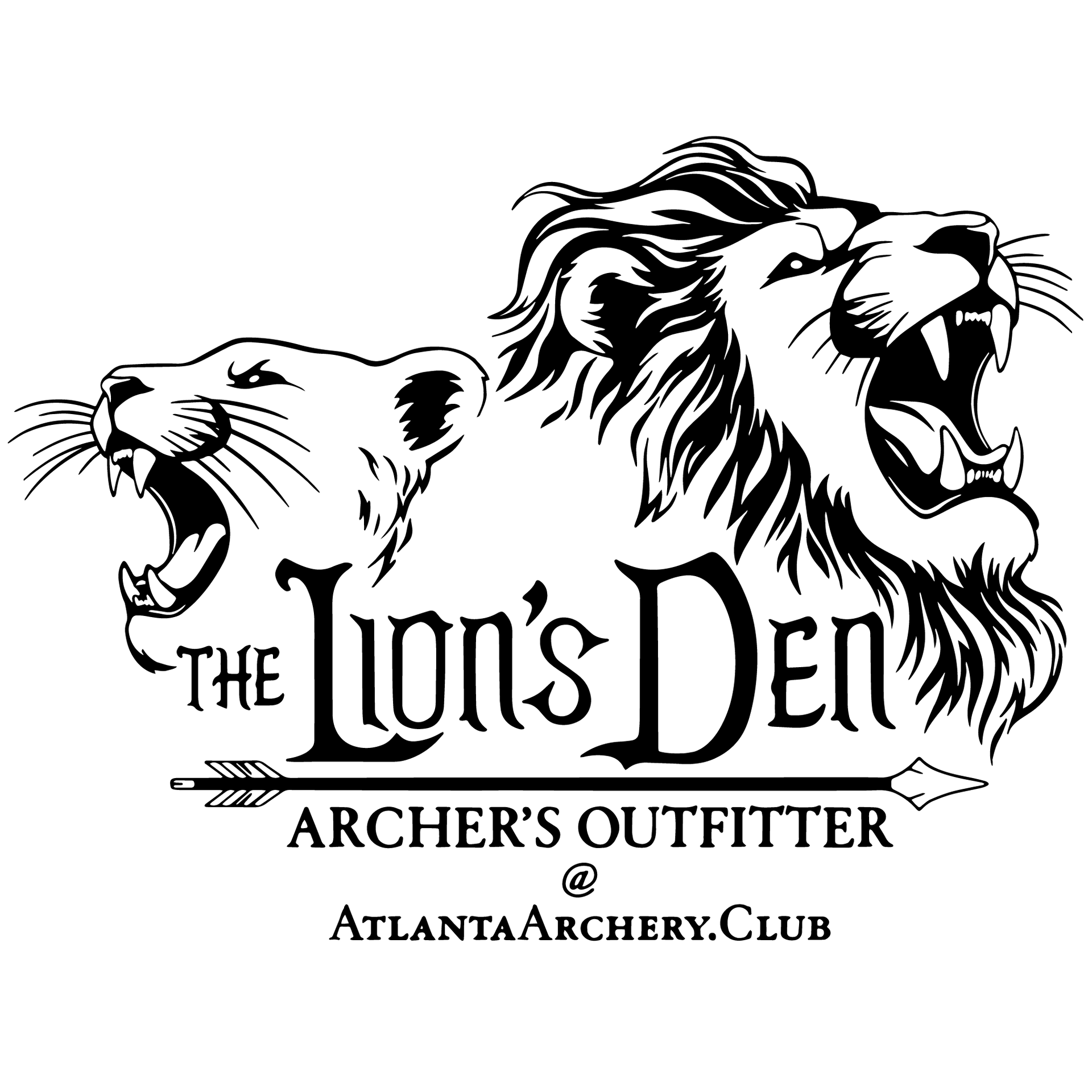 The Lion’s Den Archer’s Outfitter logo in black and white with an arrow underline