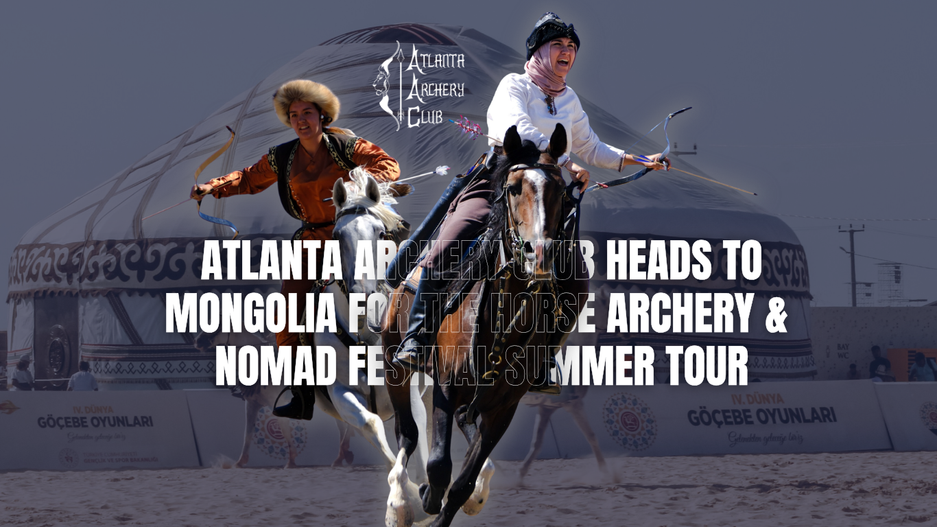 Two riders on horseback in a desert with text about an Atlanta to Mongolia archery tour