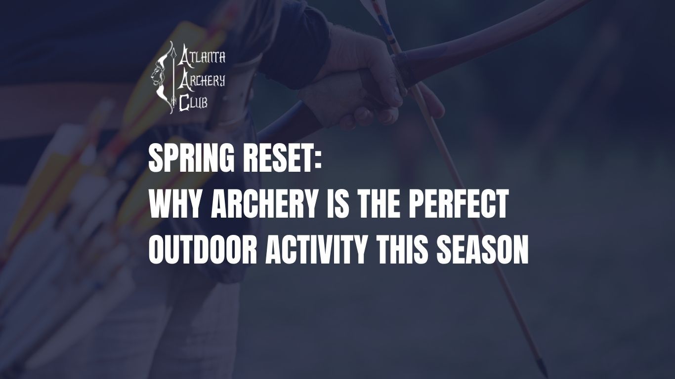 Archer drawing a bow with yellow-fletched arrows on a blurred outdoor field