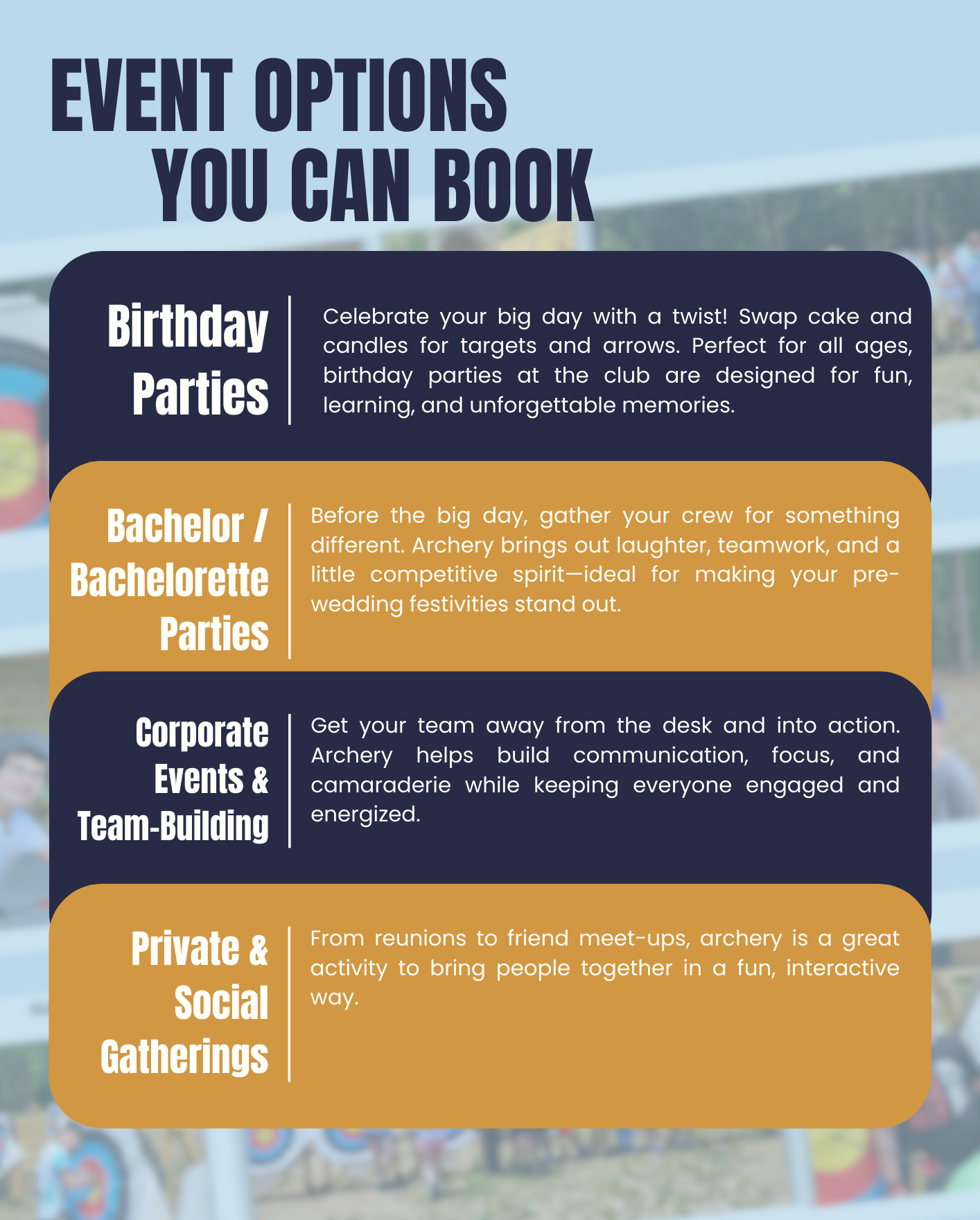 Event Options You Can Book
1. Birthday Parties
Celebrate your big day with a twist! Swap cake and candles for targets and arrows. Perfect for all ages, birthday parties at the club are designed for fun, learning, and unforgettable memories.
2. Bachelor / Bachelorette Parties
Before the big day, gather your crew for something different. Archery brings out laughter, teamwork, and a little competitive spirit—ideal for making your pre-wedding festivities stand out.
3. Corporate Events & Team-Building
Get your team away from the desk and into action. Archery helps build communication, focus, and camaraderie while keeping everyone engaged and energized.
4. Private & Social Gatherings
From reunions to friend meet-ups, archery is a great activity to bring people together in a fun, interactive way.