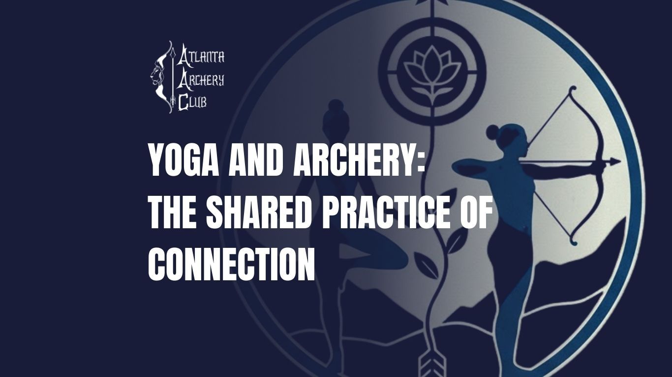 Yoga and archery event graphic with silhouettes of people, blue and white colors.