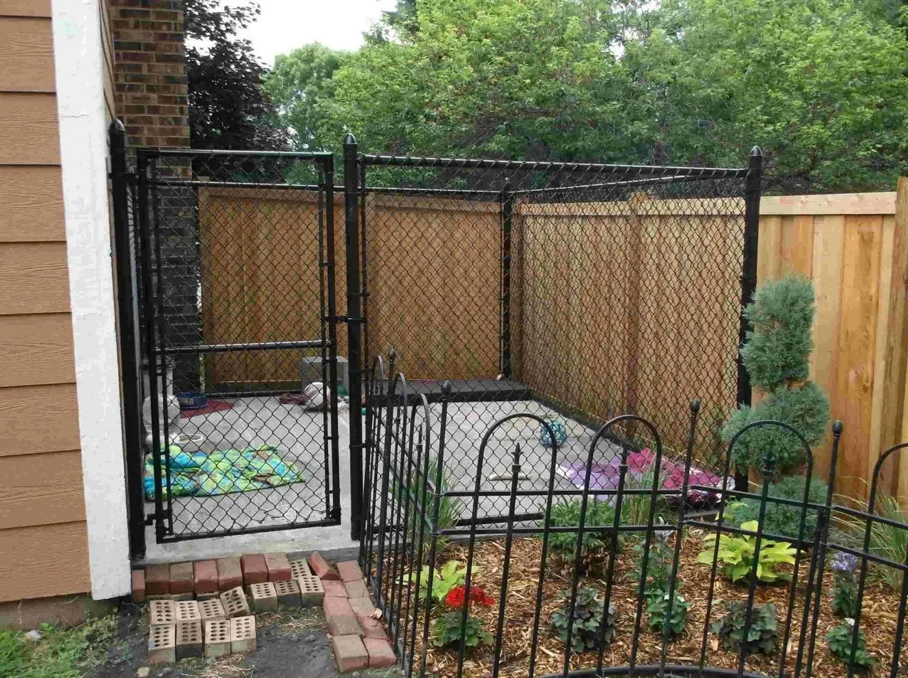 A garden with a chain link fence and a gate