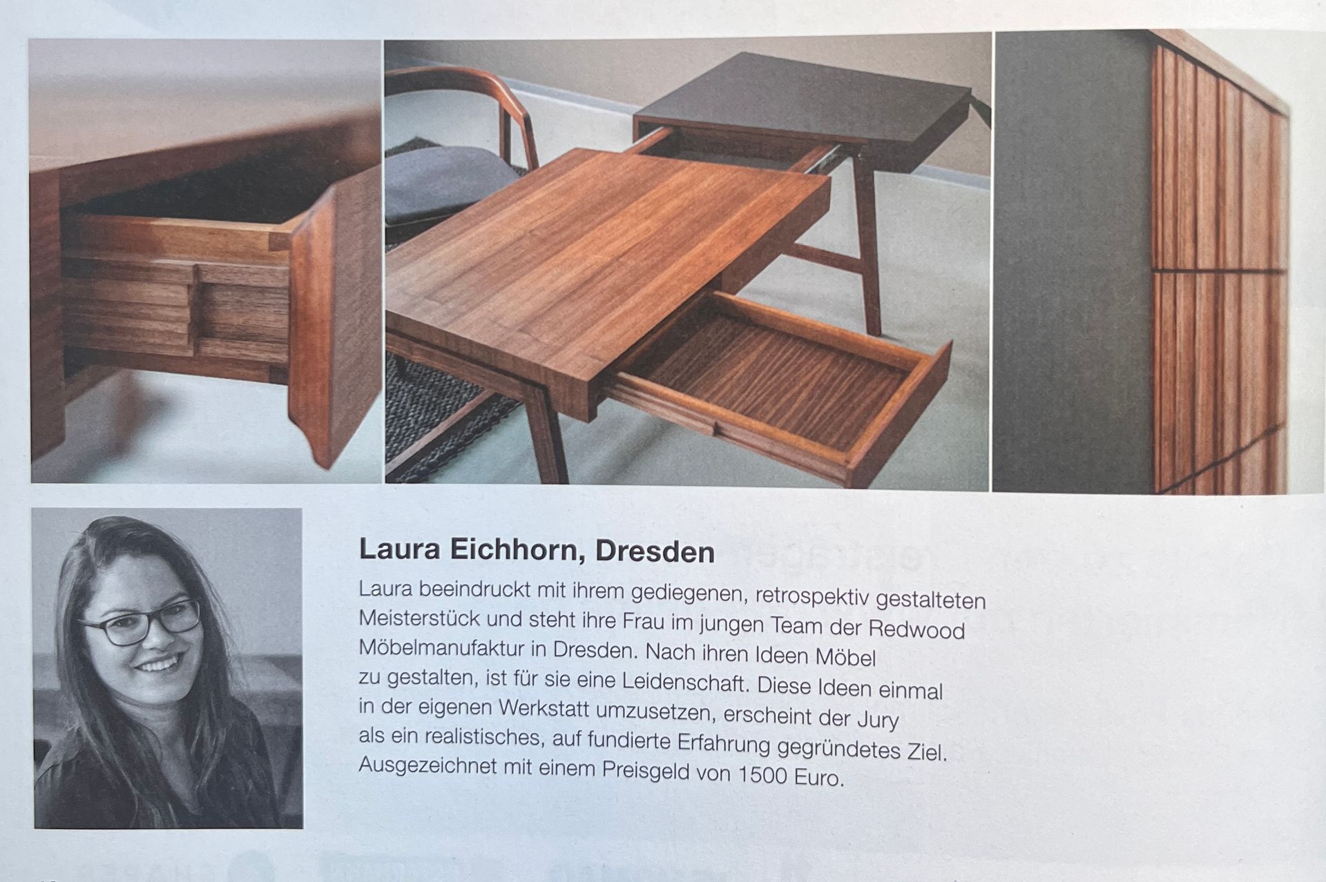 Zeitschriftenartikel über Tischlermeisterin Laura Eichhorn aus Dresden mit Meisterstück - Schreibtisch aus Nussbaum.
