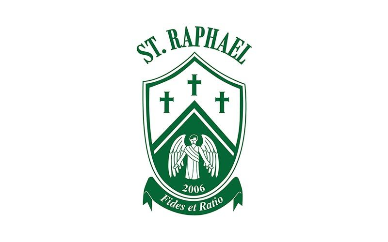 The logo for st. raphael shows a shield with three crosses on it