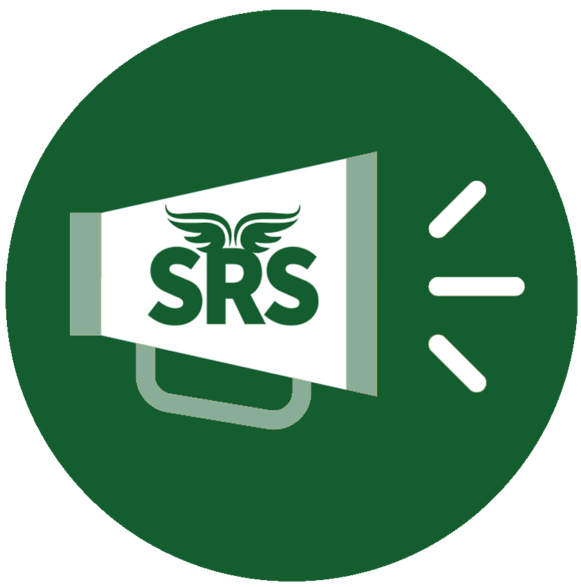 A green circle with a megaphone that says srs on it