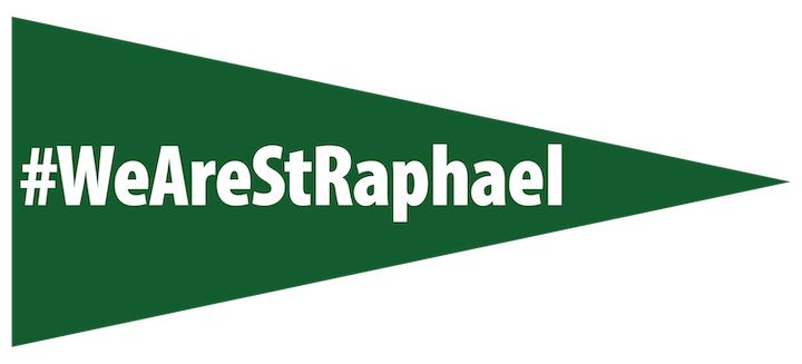 A green pennant with the words #wearestraphael on it