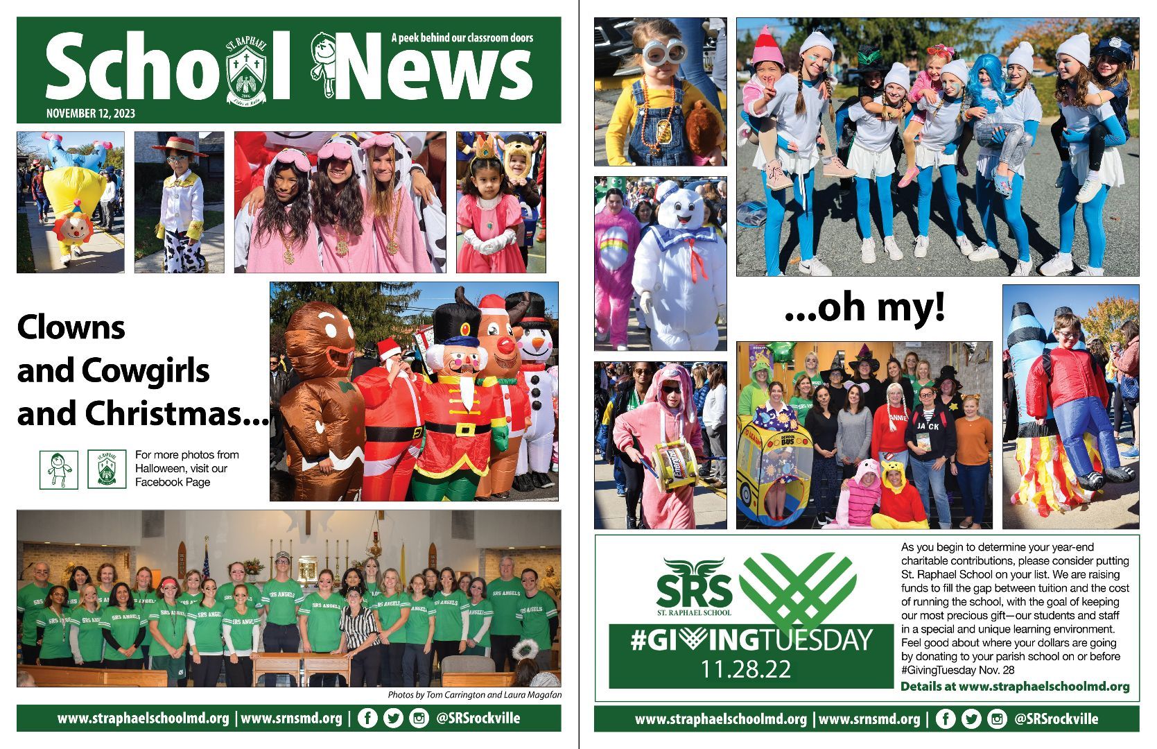 A school news newspaper with pictures of clowns and cowgirls and christmas