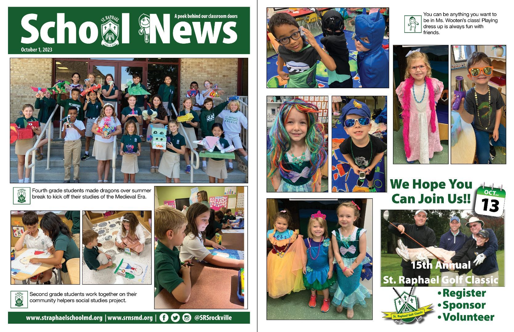 A collage of photos on the front of a school news magazine