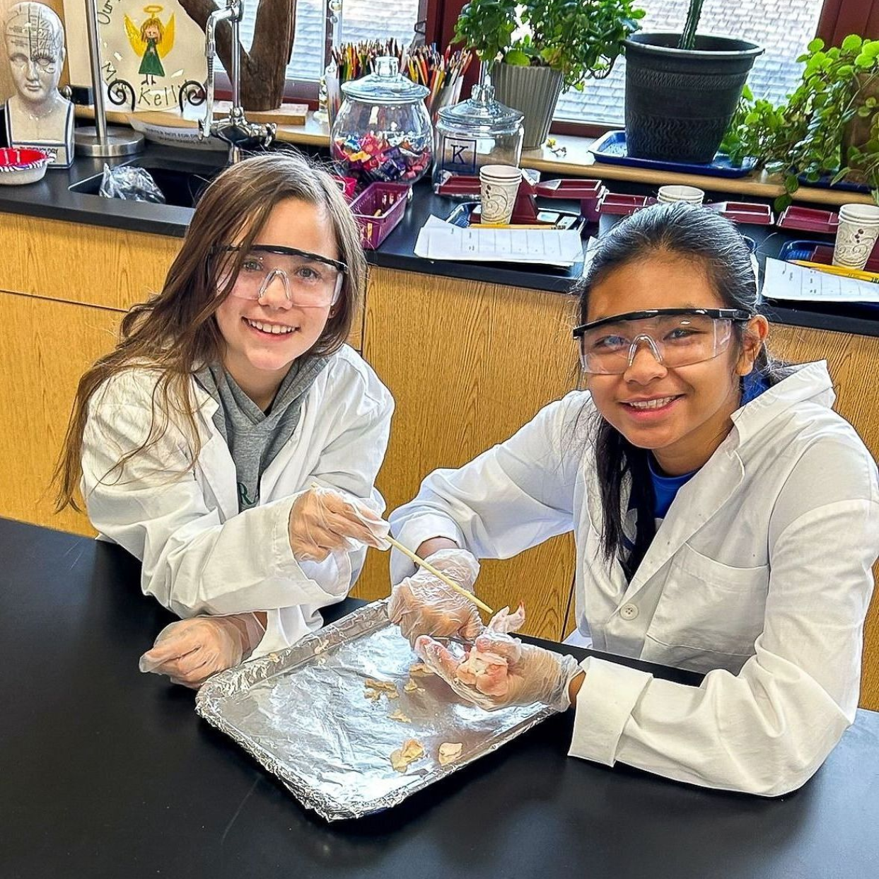 A person wearing a lab coat and goggles is working on a piece of meat