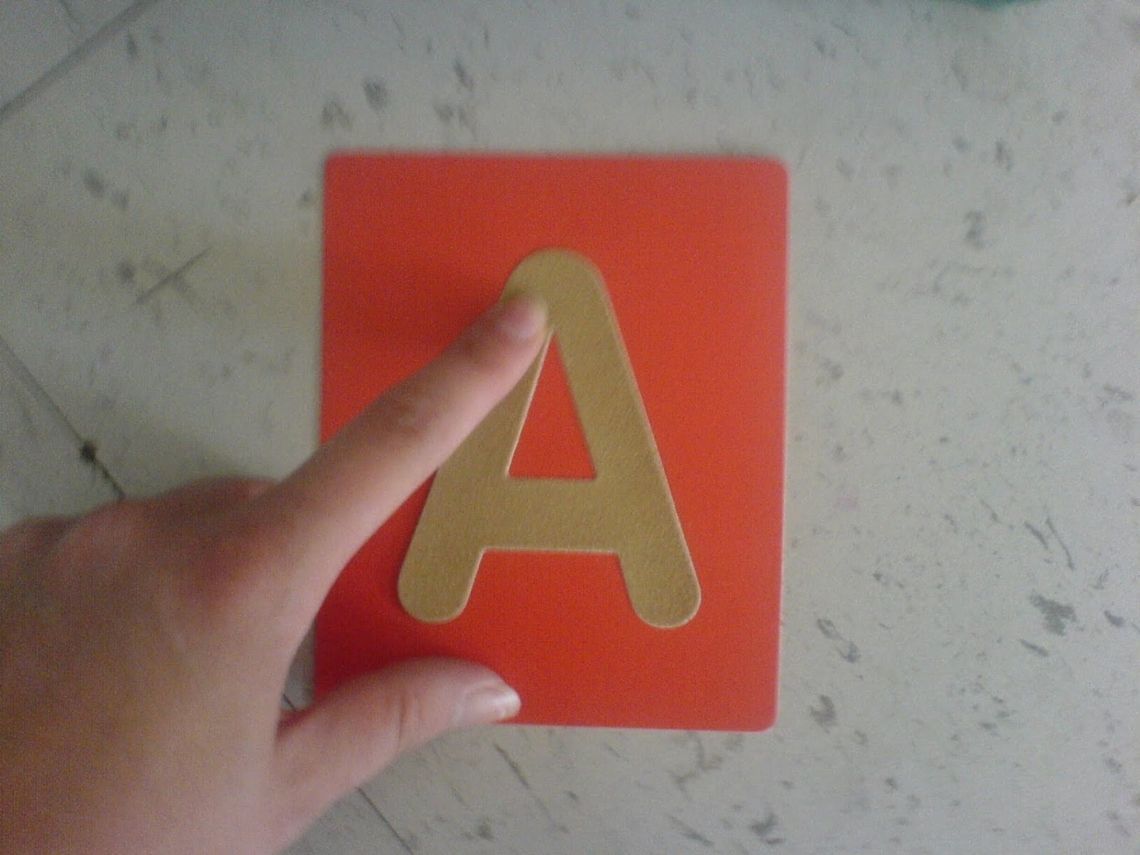 A person holding a card with the letter a on it