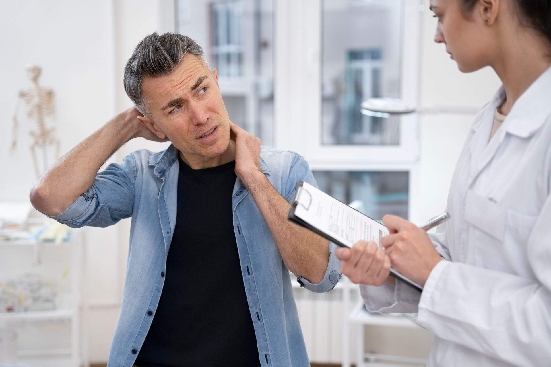 Man with neck pain talking to doctor in a medical office.