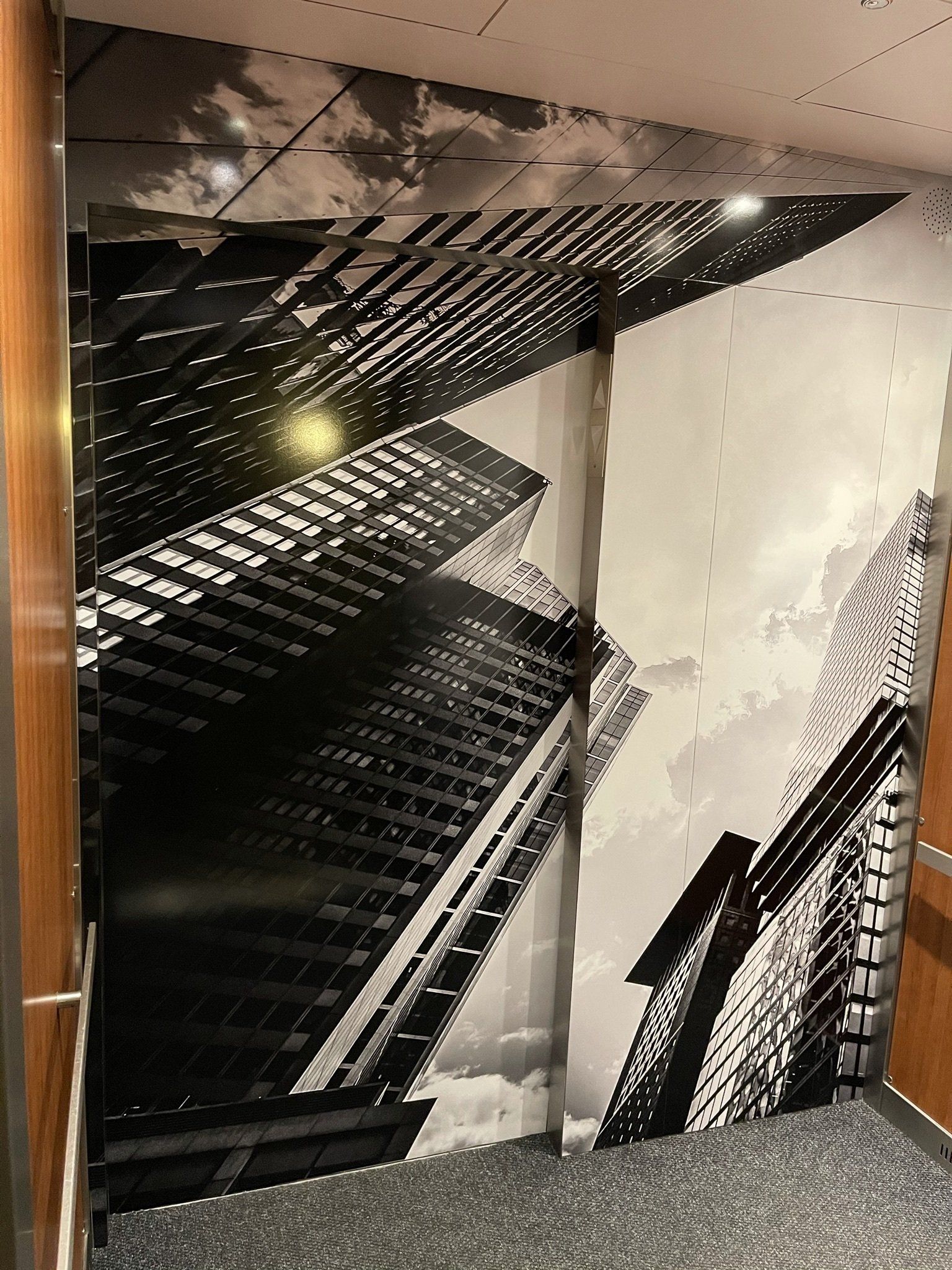 Une photo en noir et blanc d'un bâtiment sur un mur dans un ascenseur.