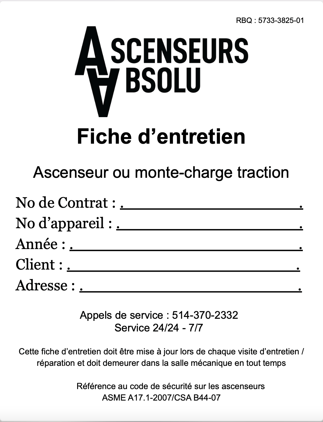 Il s'agit d'une fiche d'entretien pour un ascenseur ou monte-charge traction.