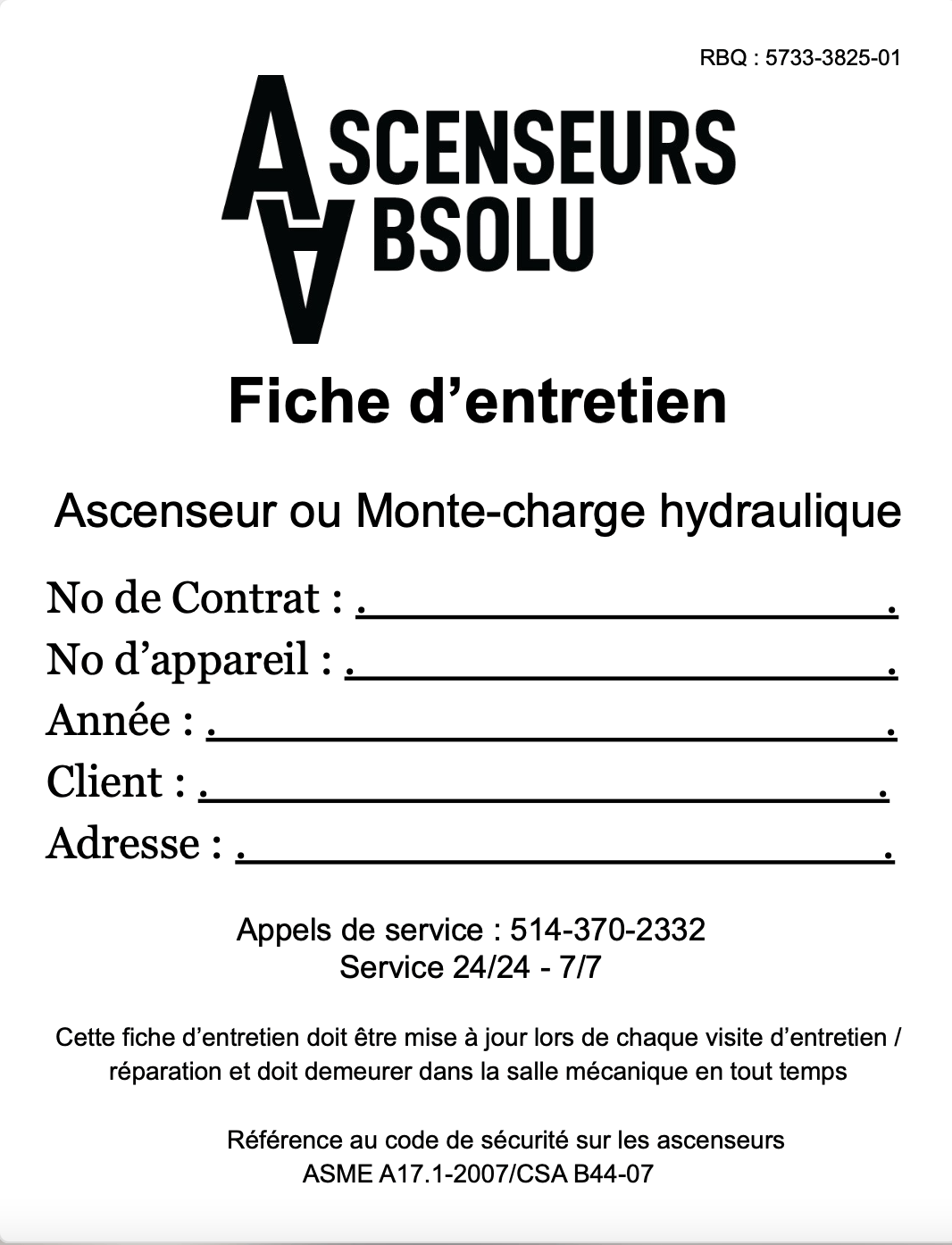 A fiche d ' entretien for an elevator or monte-charge hydraulique