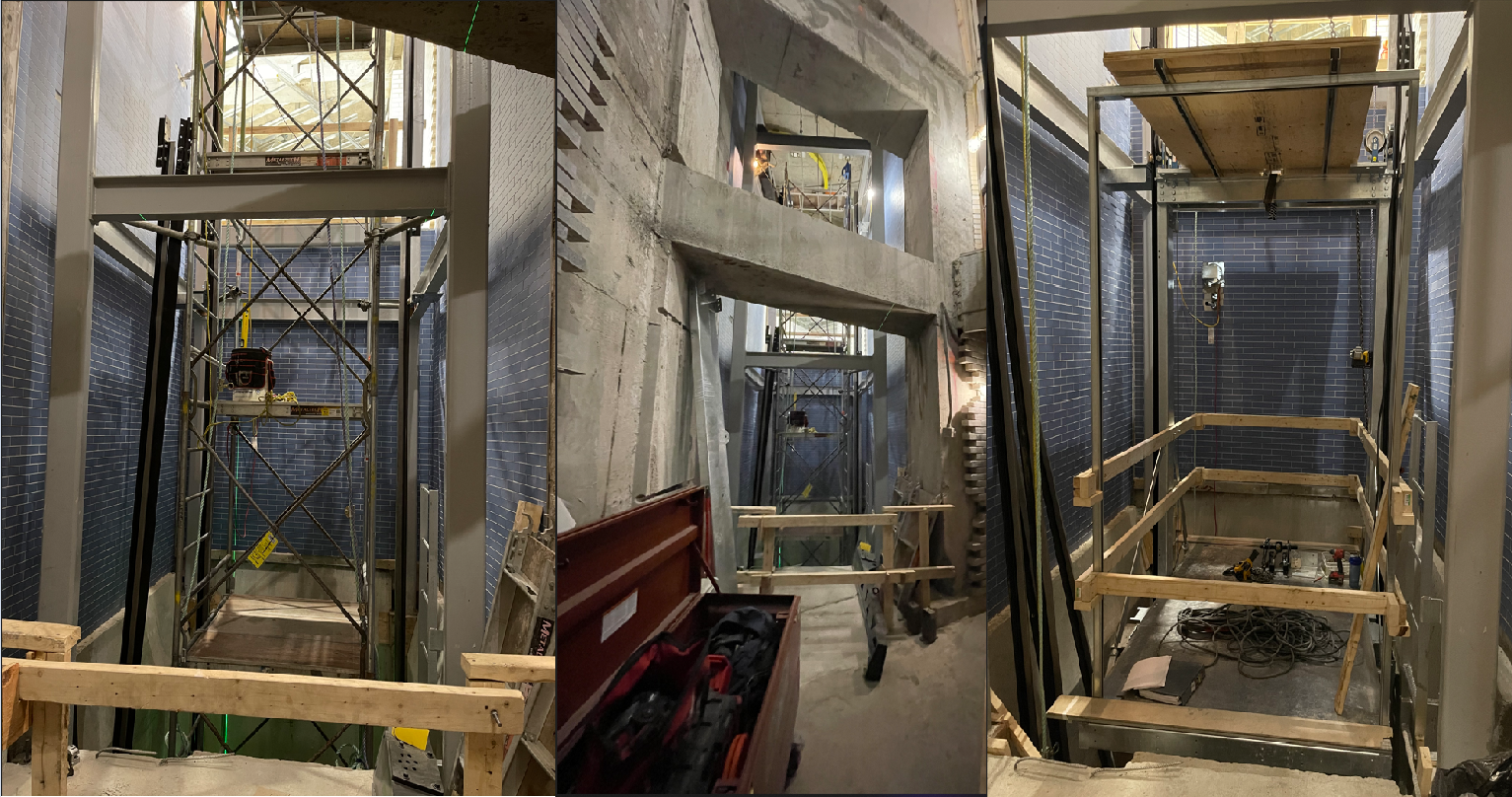 Un collage de trois photos d'un bâtiment en construction.