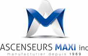 Un logo bleu et blanc pour ascenseurs maxi inc.