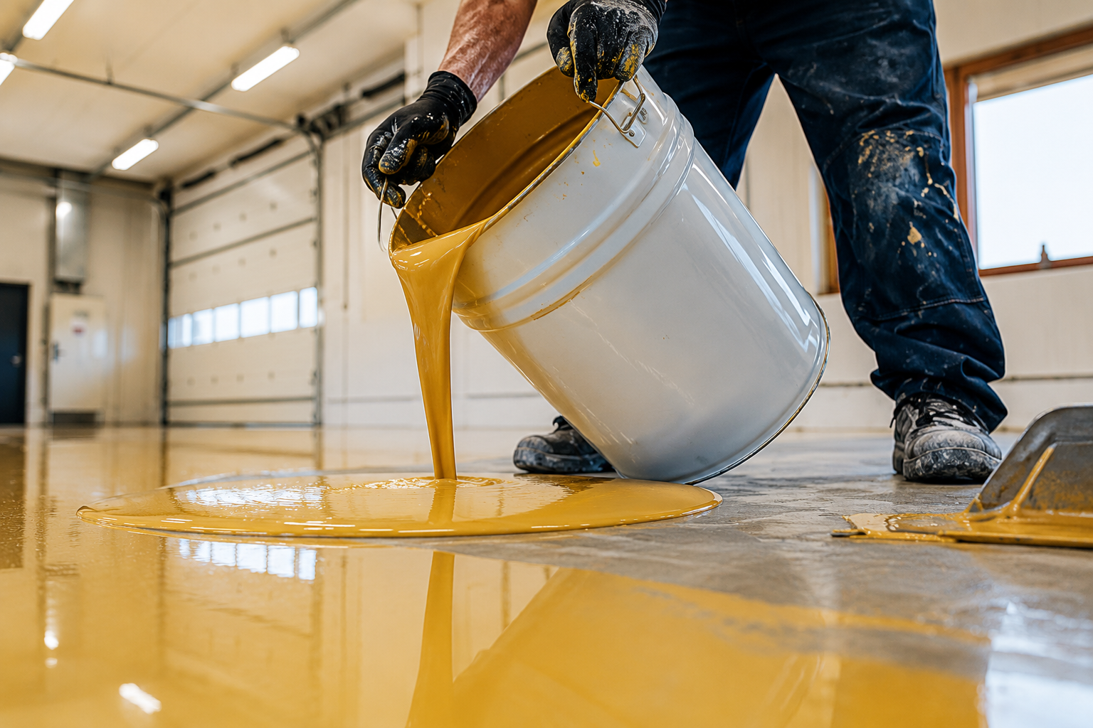 Pouring a bright yellow epoxy onto a garage floor